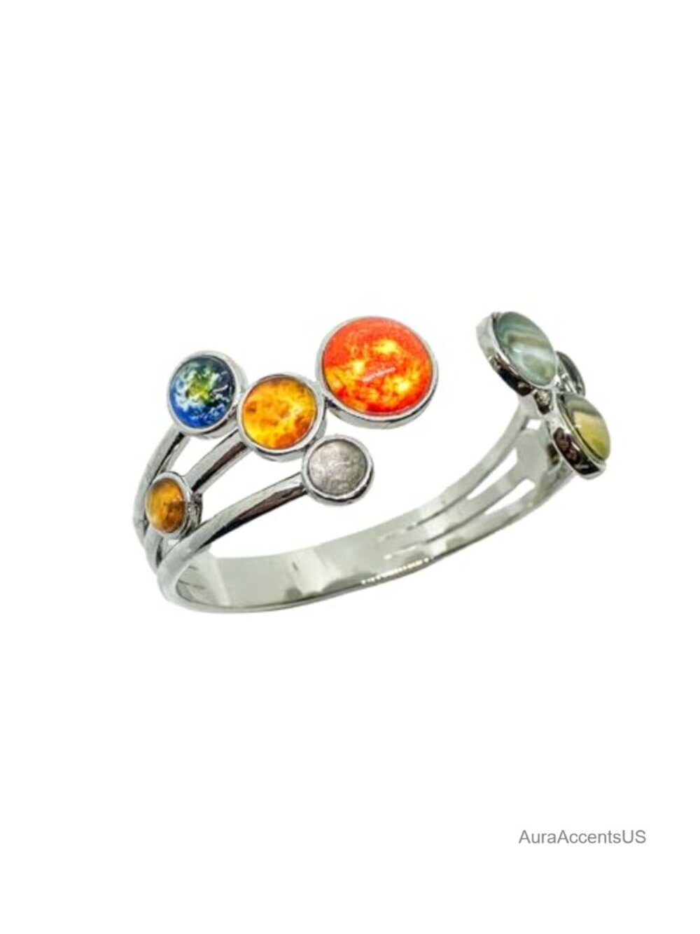 Celestial Solar System Cuff Bracelet, Adjustable Open Cuff, Glass & Rhodium
